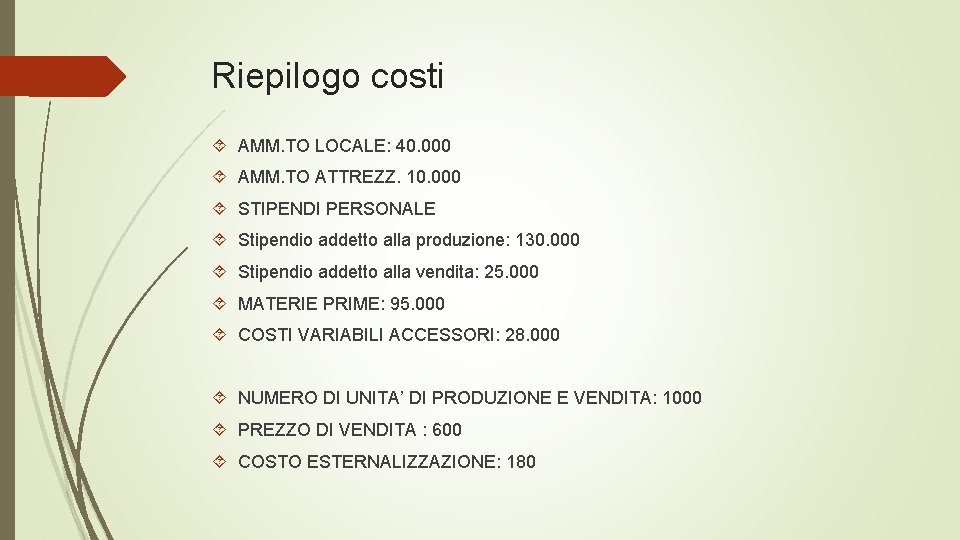 Riepilogo costi AMM. TO LOCALE: 40. 000 AMM. TO ATTREZZ. 10. 000 STIPENDI PERSONALE