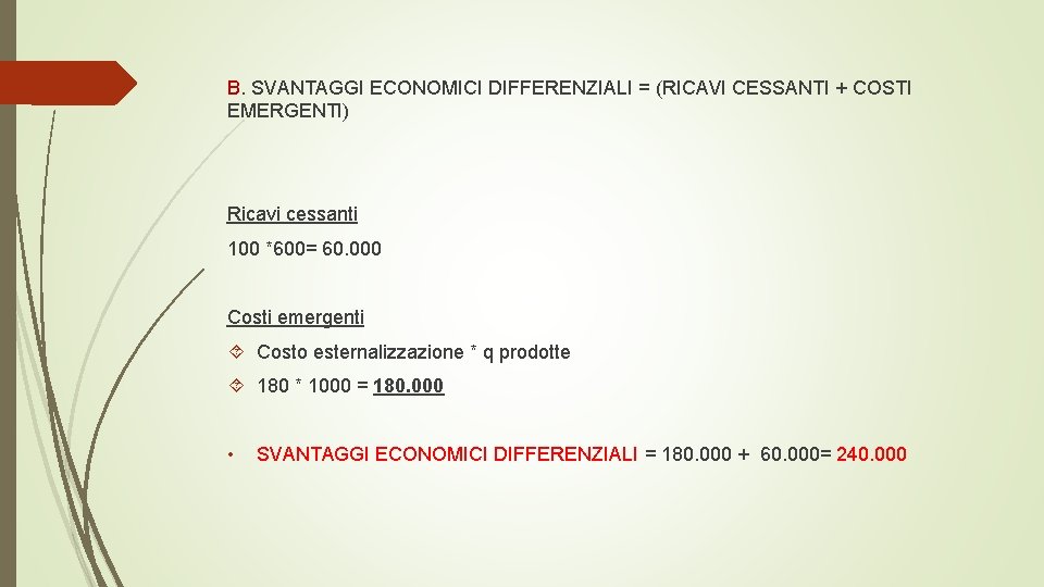 B. SVANTAGGI ECONOMICI DIFFERENZIALI = (RICAVI CESSANTI + COSTI EMERGENTI) Ricavi cessanti 100 *600=