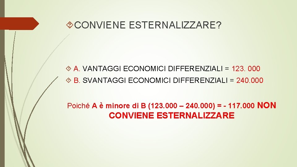  CONVIENE ESTERNALIZZARE? A. VANTAGGI ECONOMICI DIFFERENZIALI = 123. 000 B. SVANTAGGI ECONOMICI DIFFERENZIALI