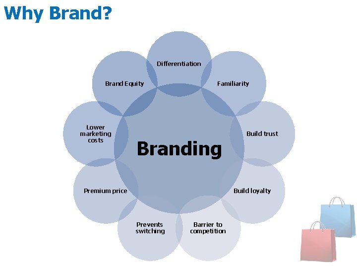 Why Brand? Differentiation Brand Equity Lower marketing costs Familiarity Branding Premium price Build trust