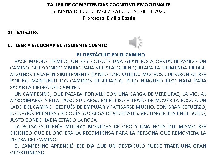 TALLER DE COMPETENCIAS COGNITIVO-EMOCIONALES SEMANA DEL 30 DE MARZO AL 3 DE ABRIL DE