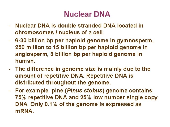 Nuclear DNA - Nuclear DNA is double stranded DNA located in chromosomes / nucleus
