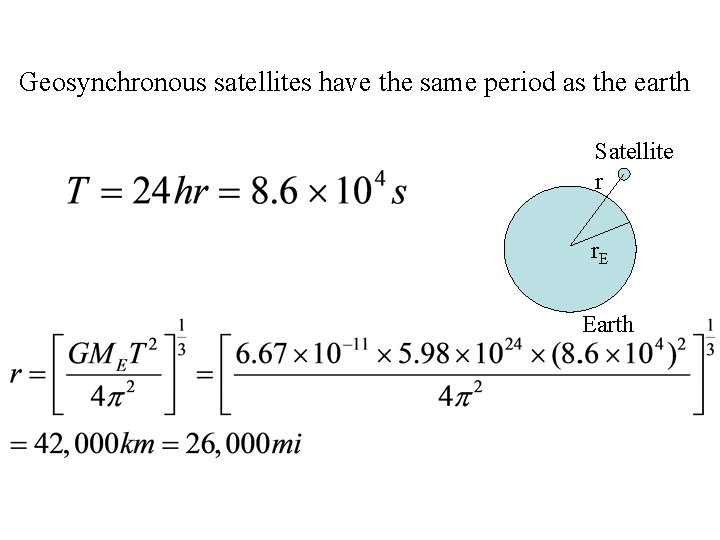 Geosynchronous satellites have the same period as the earth Satellite r r. E Earth Geosynchronous satellites have the same period as the earth Satellite r r. E Earth