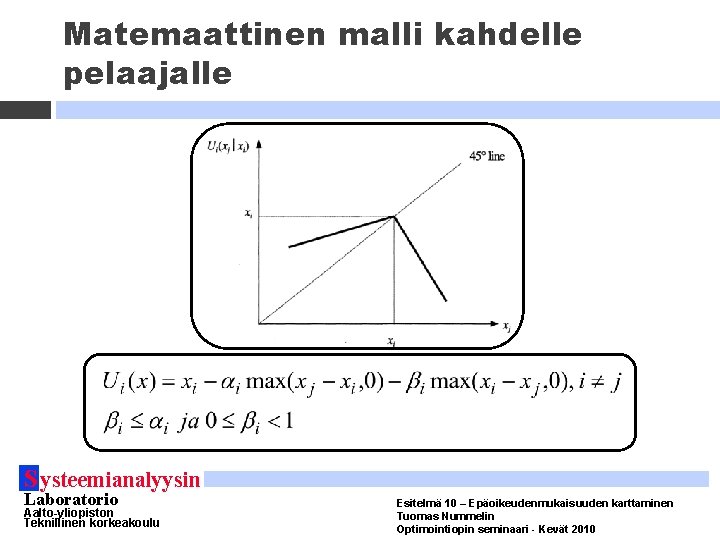 Matemaattinen malli kahdelle pelaajalle S ysteemianalyysin Laboratorio Aalto-yliopiston Teknillinen korkeakoulu Esitelmä 10 – Epäoikeudenmukaisuuden