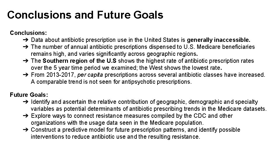 Conclusions and Future Goals Conclusions: ➔ Data about antibiotic prescription use in the United