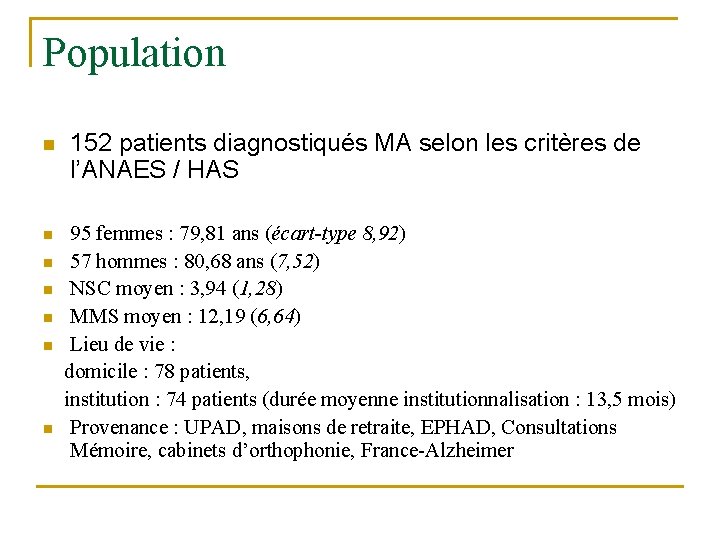 Population n 152 patients diagnostiqués MA selon les critères de l’ANAES / HAS 95