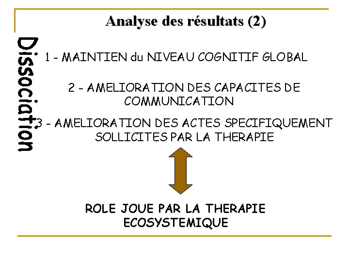 Analyse des résultats (2) 1 - MAINTIEN du NIVEAU COGNITIF GLOBAL 2 - AMELIORATION