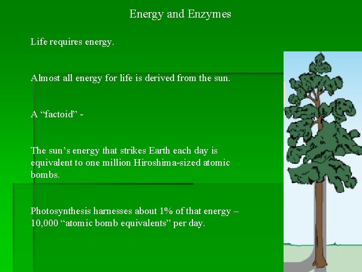 Energy and Enzymes Life requires energy. Almost all energy for life is derived from