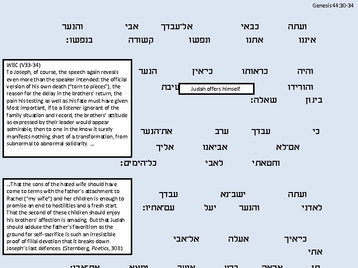 Genesis 44: 30 -34 והנער בנפשו׃ אבי אל־עבדך קשורה ונפשו WBC (V 33 -34)