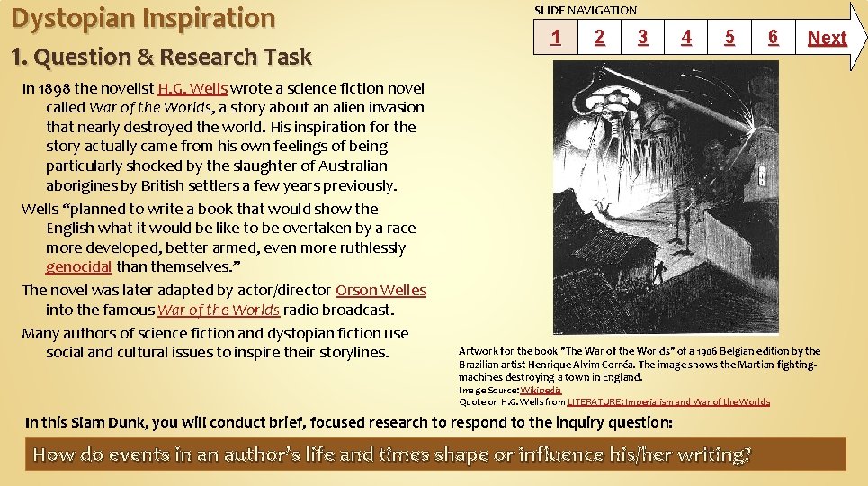Dystopian Inspiration 1. Question & Research Task In 1898 the novelist H. G. Wells
