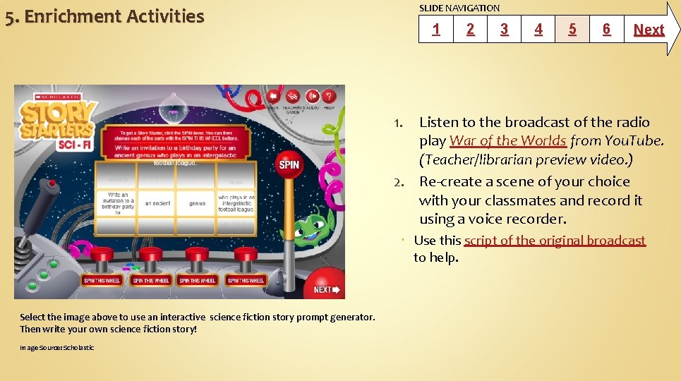 SLIDE NAVIGATION 5. Enrichment Activities 1 2 3 4 5 6 Next 1. Listen