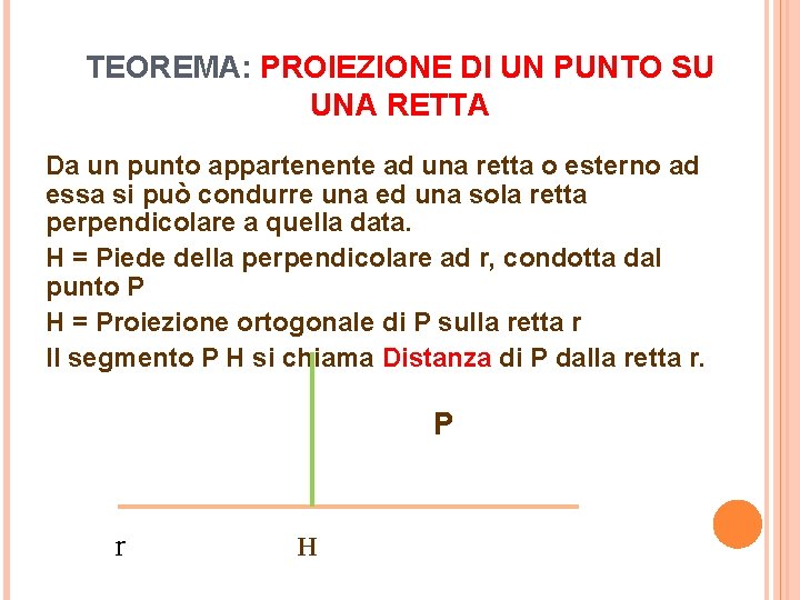 TEOREMA: PROIEZIONE DI UN PUNTO SU UNA RETTA Da un punto appartenente ad una