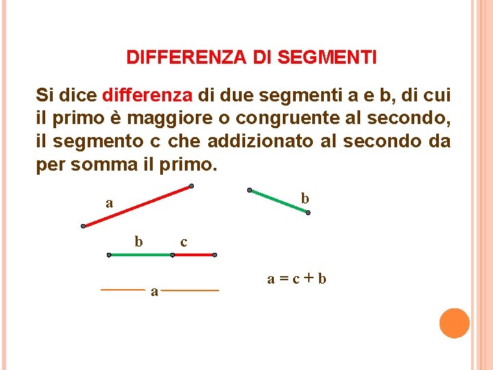 DIFFERENZA DI SEGMENTI Si dice differenza di due segmenti a e b, di cui