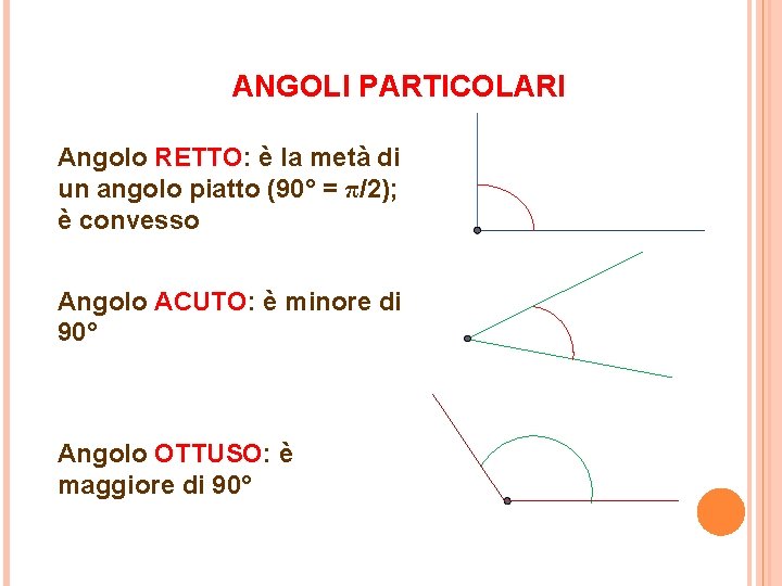 ANGOLI PARTICOLARI Angolo RETTO: è la metà di un angolo piatto (90° = π/2);