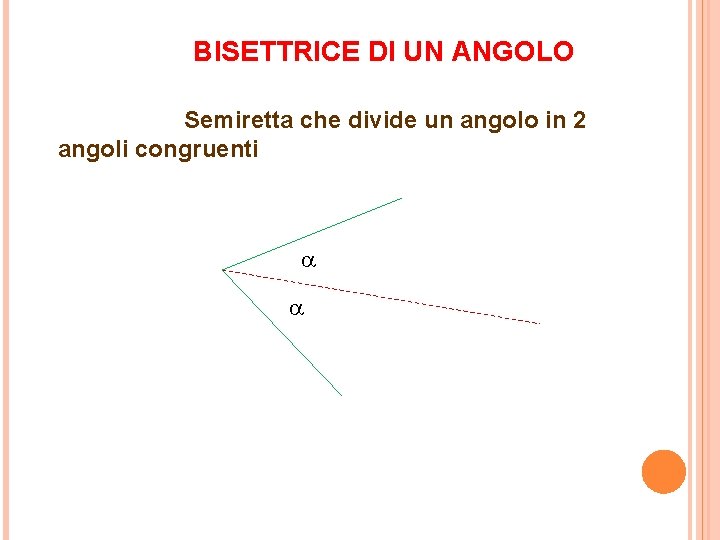 BISETTRICE DI UN ANGOLO Semiretta che divide un angolo in 2 angoli congruenti 
