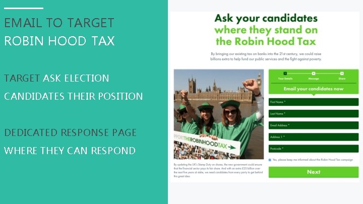 EMAIL TO TARGET ROBIN HOOD TAX TARGET ASK ELECTION CANDIDATES THEIR POSITION DEDICATED RESPONSE