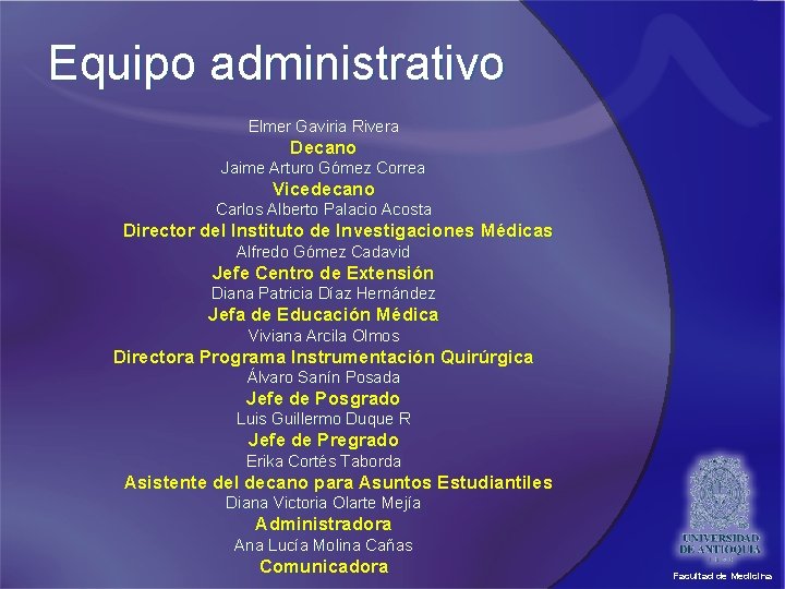 Equipo administrativo Elmer Gaviria Rivera Decano Jaime Arturo Gómez Correa Vicedecano Carlos Alberto Palacio