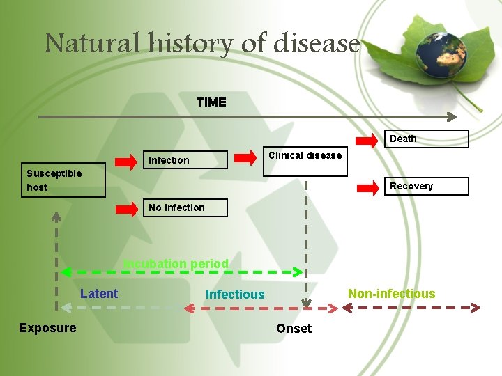 Natural history of disease TIME Death Clinical disease Infection Susceptible host Recovery No infection