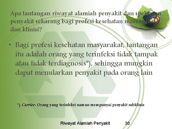 Apa tantangan riwayat alamiah penyakit dan spektrum penyakit sekarang bagi profesi kesehatan masyarakat dan