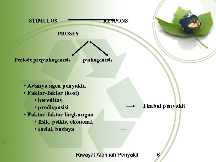  STIMULUS RESPONS PROSES Periode prepathogenesis + pathogenesis · • Adanya agen penyakit, •