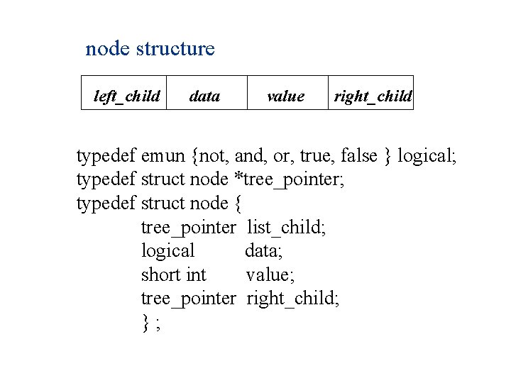node structure left_child data value right_child typedef emun {not, and, or, true, false }