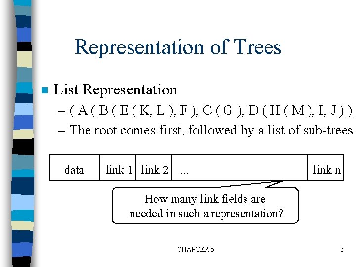 Representation of Trees n List Representation – ( A ( B ( E (