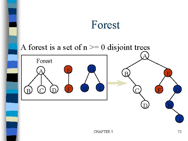 Forest n A forest is a set of n >= 0 disjoint trees A