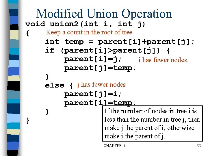 Modified Union Operation void union 2(int i, int j) Keep a count in the