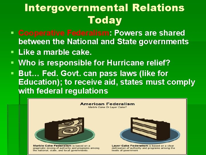 Intergovernmental Relations Today § Cooperative Federalism: Powers are shared between the National and State Intergovernmental Relations Today § Cooperative Federalism: Powers are shared between the National and State