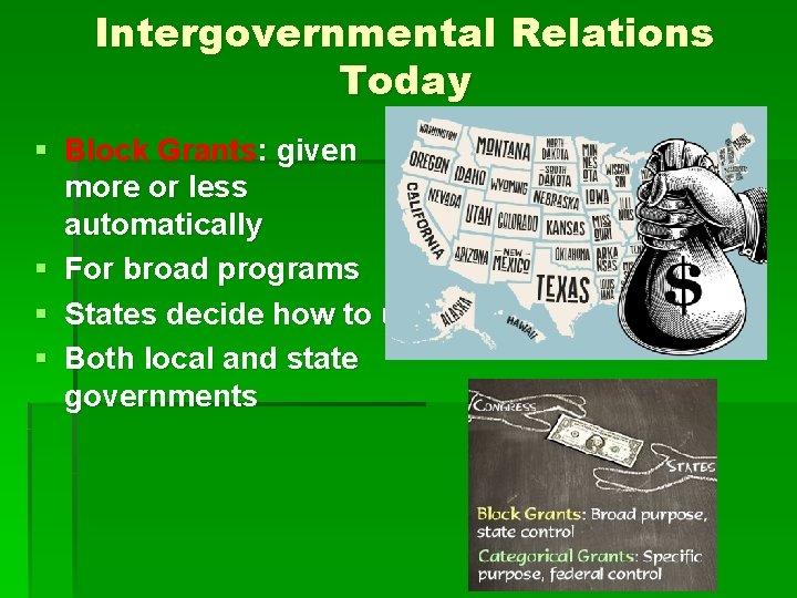 Intergovernmental Relations Today § Block Grants: given more or less automatically § For broad Intergovernmental Relations Today § Block Grants: given more or less automatically § For broad