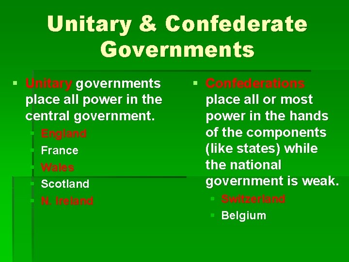 Unitary & Confederate Governments § Unitary governments place all power in the central government. Unitary & Confederate Governments § Unitary governments place all power in the central government.
