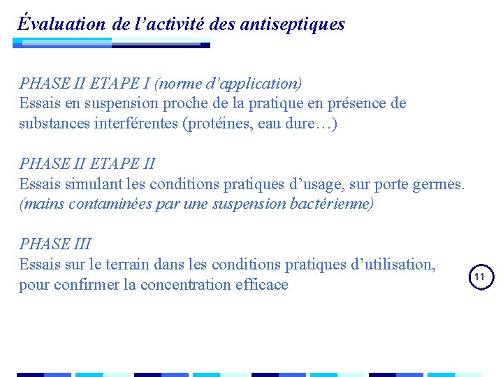 Évaluation de l’activité des antiseptiques PHASE II ETAPE I (norme d’application) Essais en suspension Évaluation de l’activité des antiseptiques PHASE II ETAPE I (norme d’application) Essais en suspension