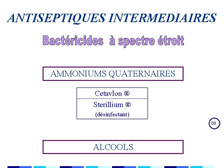 ANTISEPTIQUES INTERMEDIAIRES AMMONIUMS QUATERNAIRES Cetavlon ® Sterillium ® (désinfectant) 33 ALCOOLS ANTISEPTIQUES INTERMEDIAIRES AMMONIUMS QUATERNAIRES Cetavlon ® Sterillium ® (désinfectant) 33 ALCOOLS