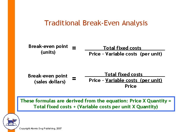 Traditional Break-Even Analysis Break-even point (units) Break-even point (sales dollars) = = Total fixed Traditional Break-Even Analysis Break-even point (units) Break-even point (sales dollars) = = Total fixed