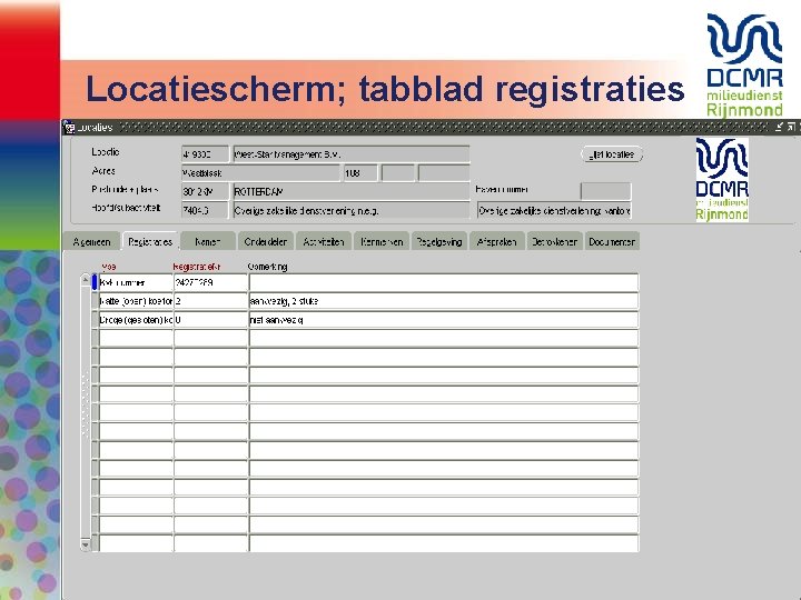 Locatiescherm; tabblad registraties 
