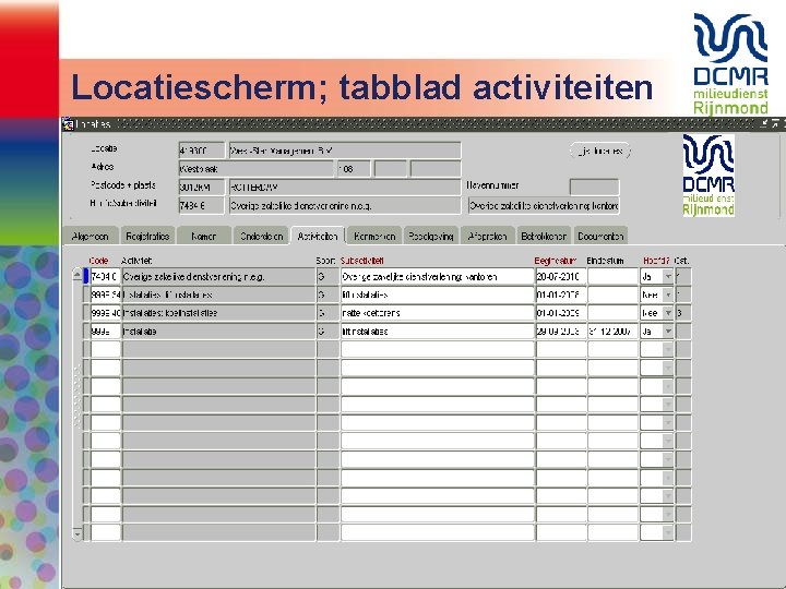 Locatiescherm; tabblad activiteiten 