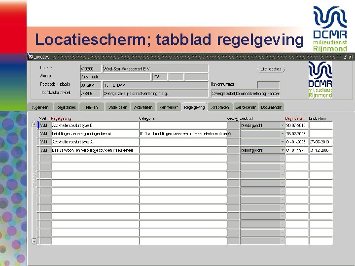Locatiescherm; tabblad regelgeving 
