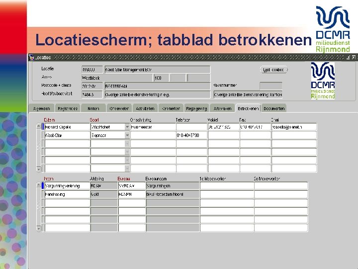 Locatiescherm; tabblad betrokkenen 
