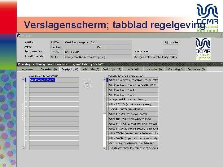 Verslagenscherm; tabblad regelgeving 