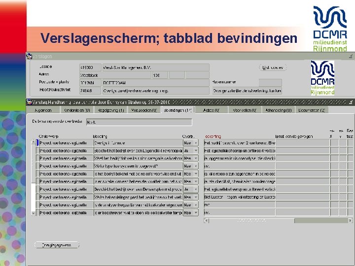 Verslagenscherm; tabblad bevindingen 