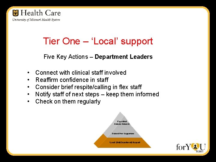 Tier One – ‘Local’ support Five Key Actions – Department Leaders • • •