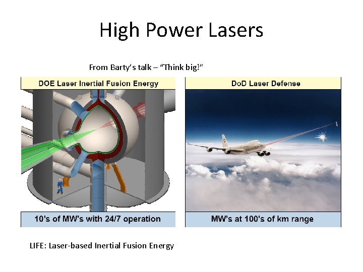 High Power Lasers From Barty’s talk – “Think big!” LIFE: Laser-based Inertial Fusion Energy