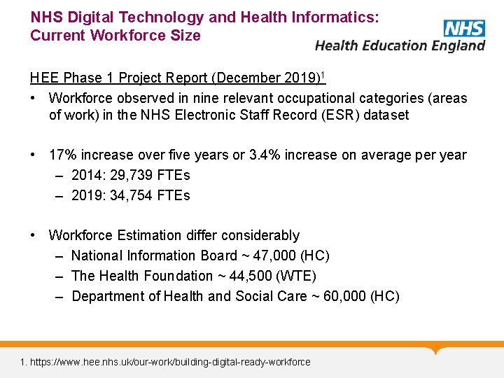 NHS Digital Technology and Health Informatics: Current Workforce Size HEE Phase 1 Project Report