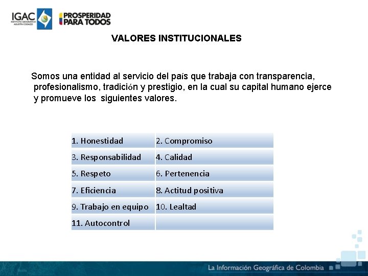 VALORES INSTITUCIONALES Somos una entidad al servicio del país que trabaja con transparencia, profesionalismo,