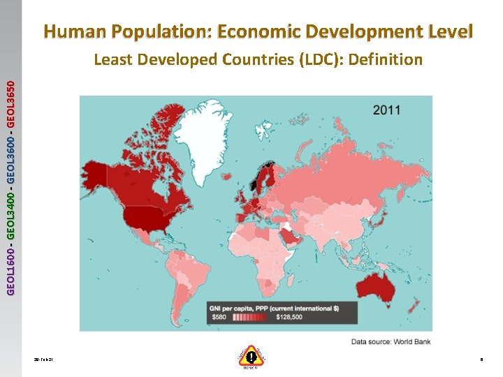 Human Population: Economic Development Level GEOL 1600 - GEOL 3400 - GEOL 3650 Least