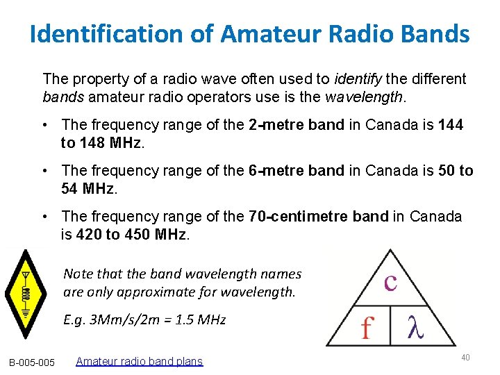 Identification of Amateur Radio Bands The property of a radio wave often used to Identification of Amateur Radio Bands The property of a radio wave often used to