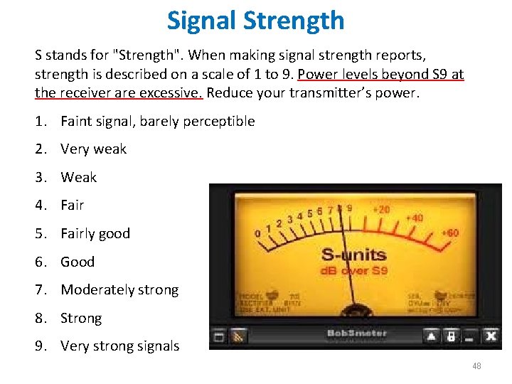Signal Strength S stands for "Strength". When making signal strength reports, strength is described Signal Strength S stands for "Strength". When making signal strength reports, strength is described