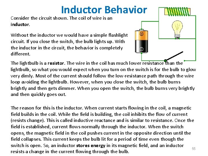 Inductor Behavior Consider the circuit shown. The coil of wire is an inductor. Without Inductor Behavior Consider the circuit shown. The coil of wire is an inductor. Without