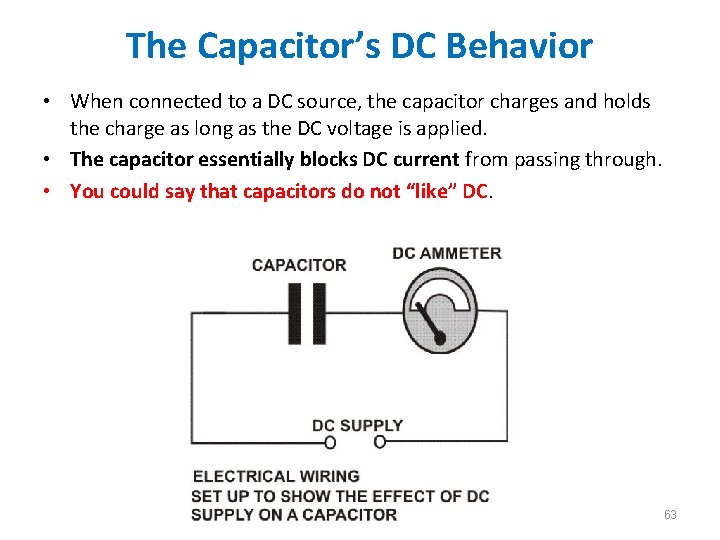 The Capacitor’s DC Behavior • When connected to a DC source, the capacitor charges The Capacitor’s DC Behavior • When connected to a DC source, the capacitor charges
