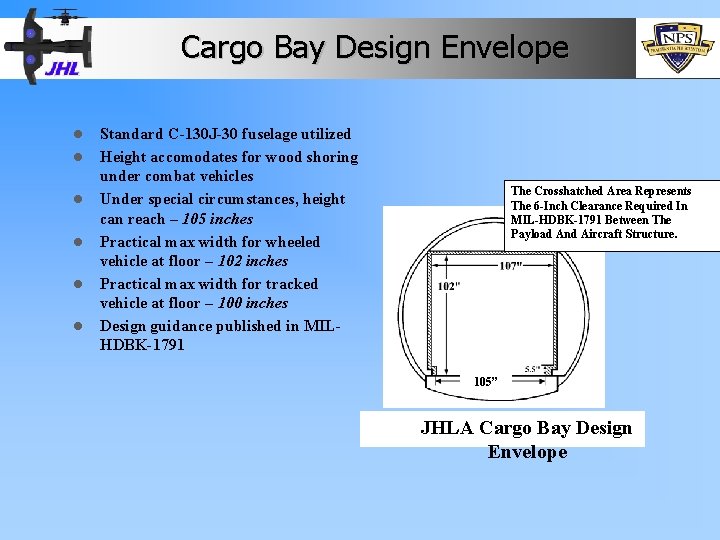 Cargo Bay Design Envelope l l l Standard C-130 J-30 fuselage utilized Height accomodates